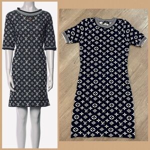 LV Monogram Pattern in Navy and White Midi Dress